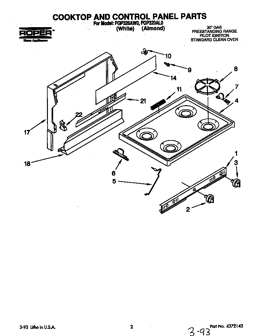Roper FGP320AW0 cooktop and control panel diagram