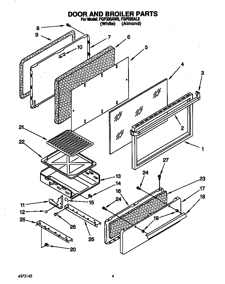 Roper FGP320AW0 door and broiler diagram