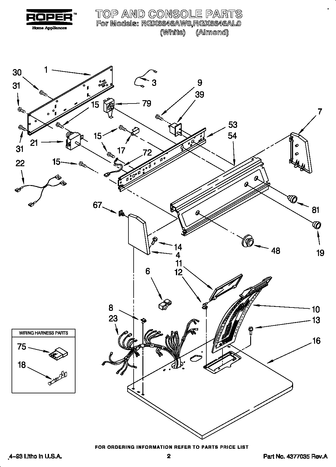 Roper RGX6646AW0 top and console diagram