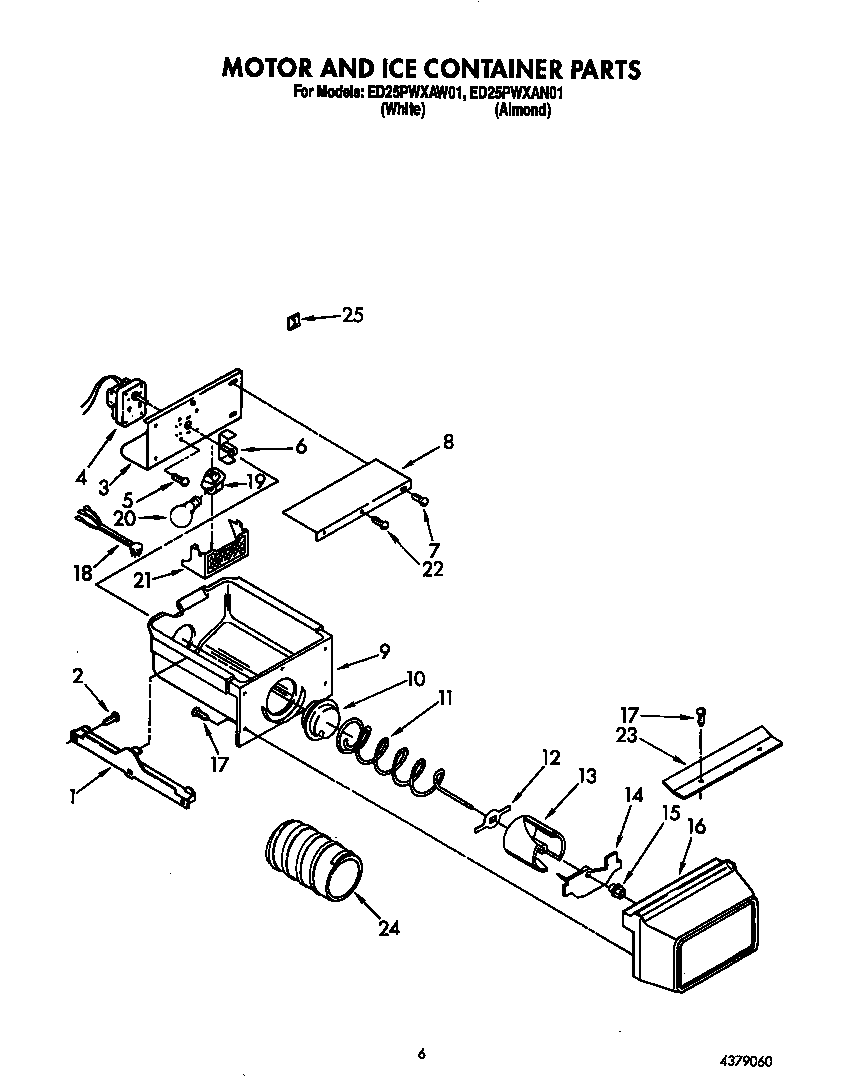 Whirlpool ED25PWXAW01 motor and ice container diagram