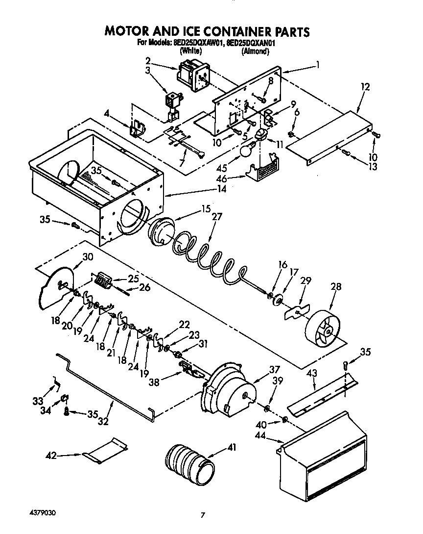 Whirlpool 8ED25DQXAW01 motor & ice container diagram