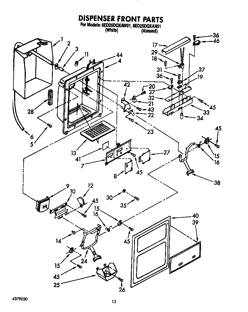 Whirlpool 8ED25DQXAW01 dispenser front diagram