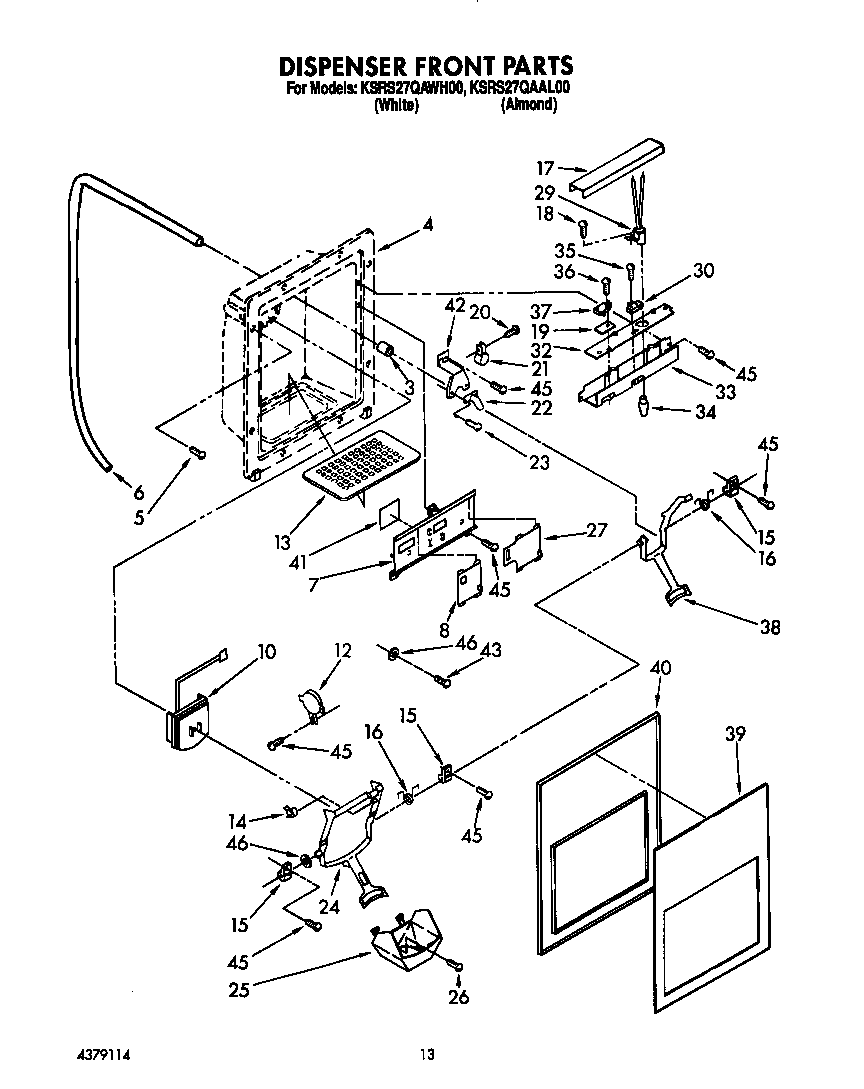 KitchenAid KSRS27QAWH00 dispenser front diagram
