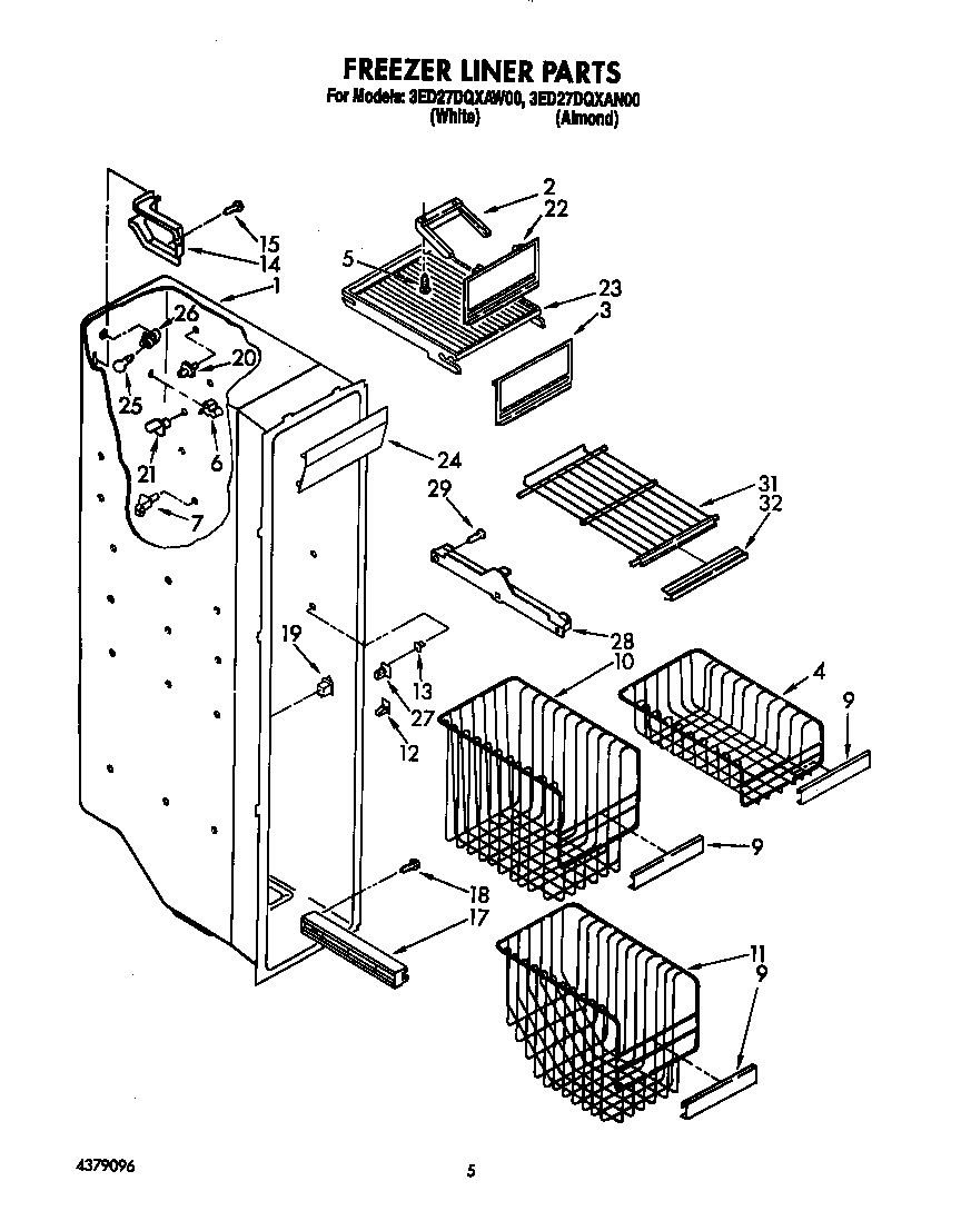 Whirlpool 3ED27DQXAW00 freezer liner diagram