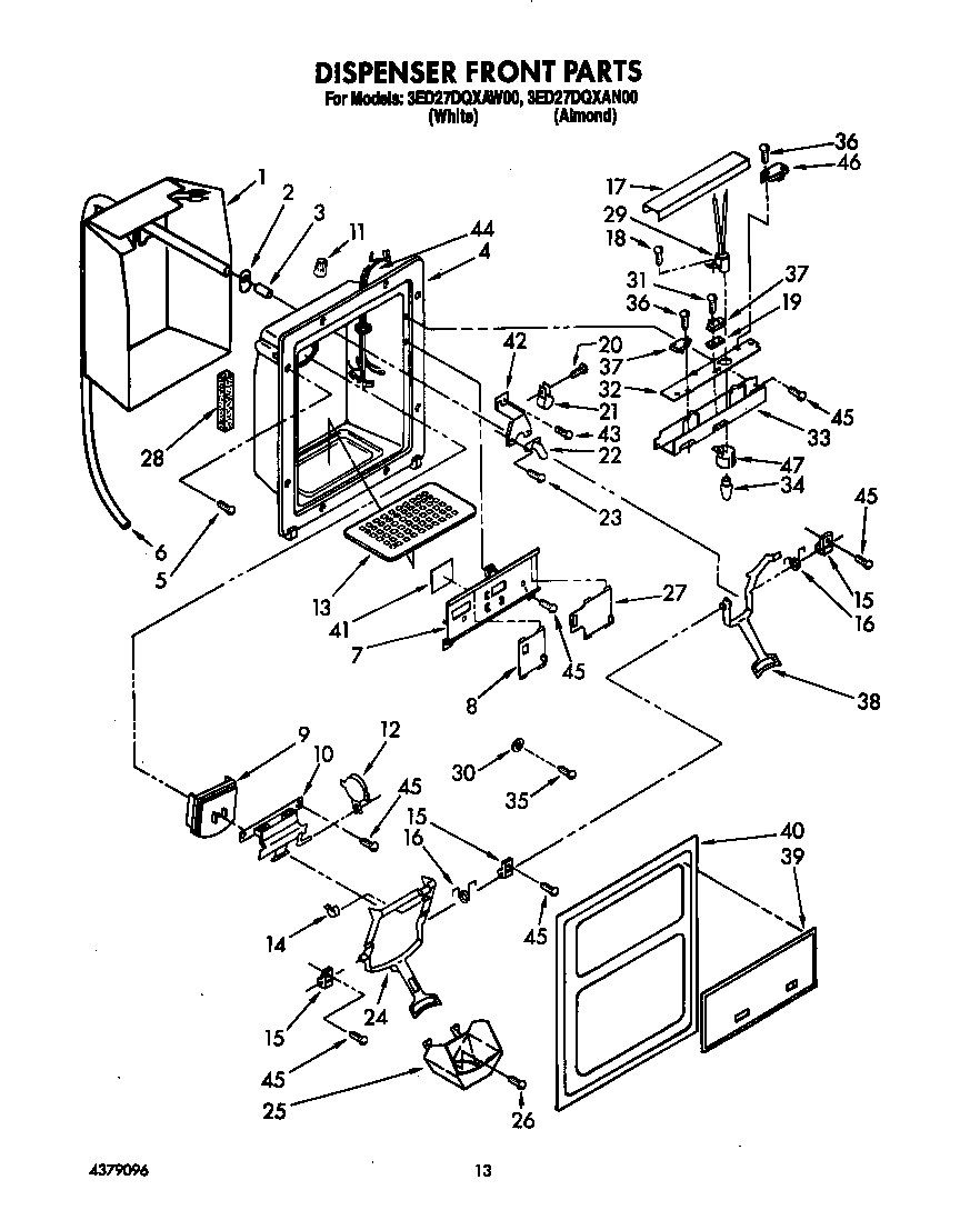 Whirlpool 3ED27DQXAW00 dispenser front diagram