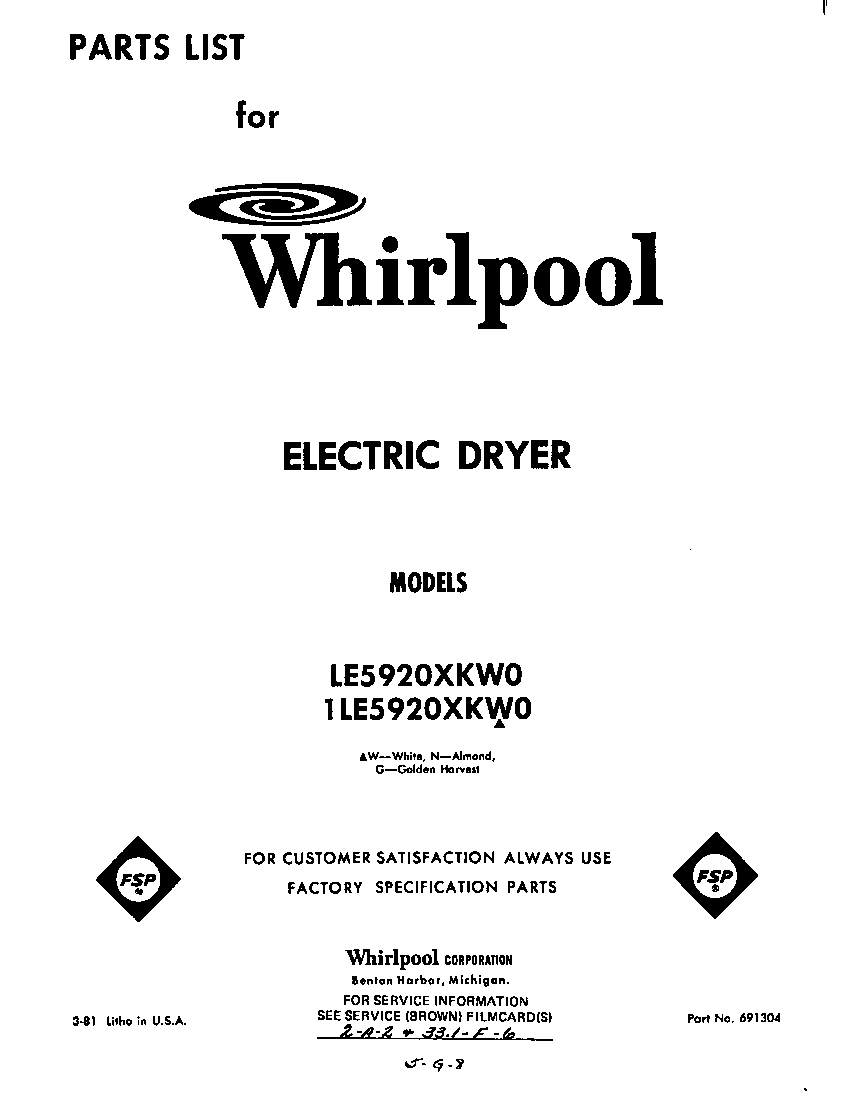 Whirlpool 1LE5920XKW0 null diagram