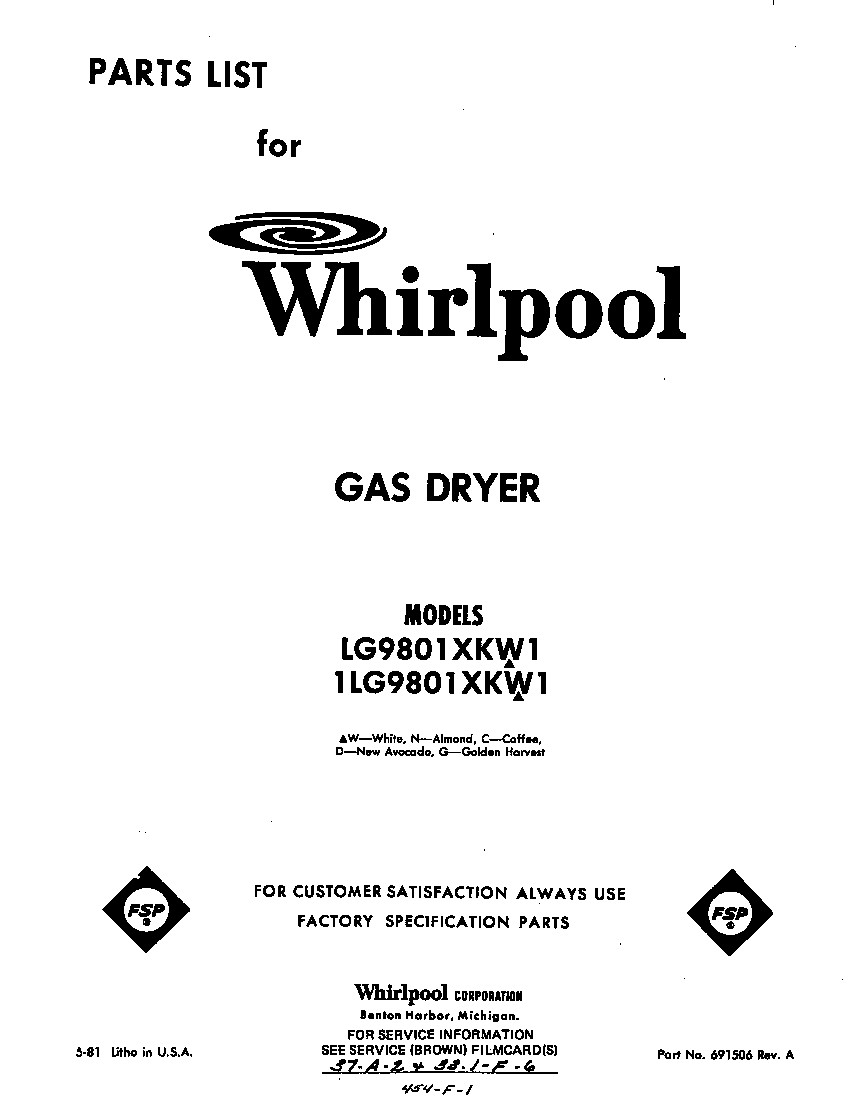 Whirlpool 1LG9801XKW1 front cover diagram