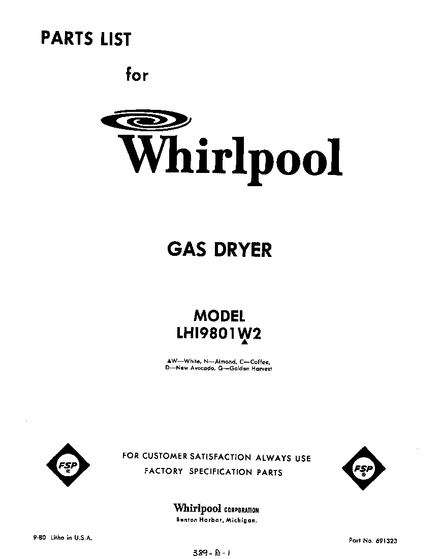 Whirlpool LHI9801W2 front cover diagram