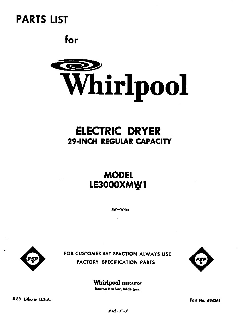 Whirlpool LE3000XMW1 front cover diagram