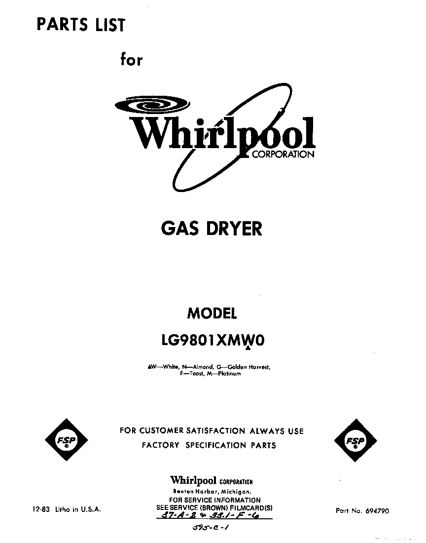 Whirlpool LG9801XMW0 front cover diagram