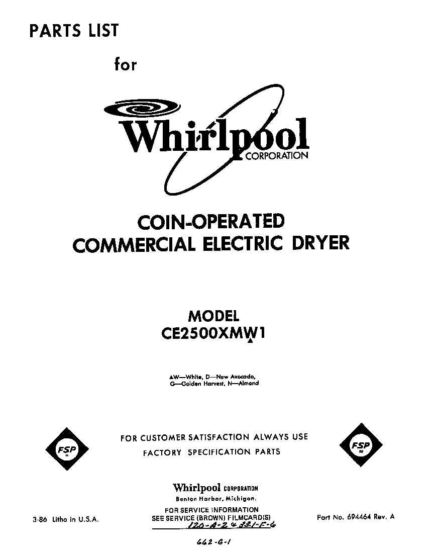 Whirlpool CE2500XMW1 front cover diagram