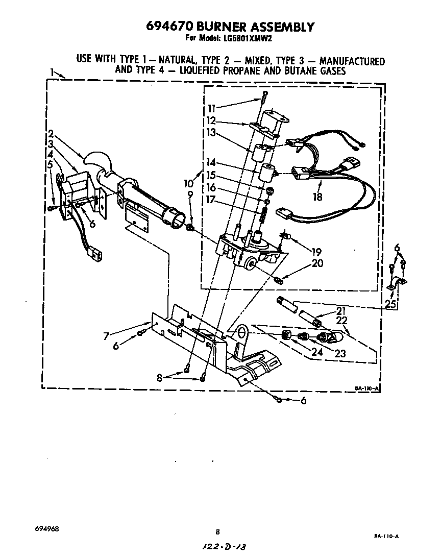 Whirlpool LG5801XMW2 694670 burner assembly diagram
