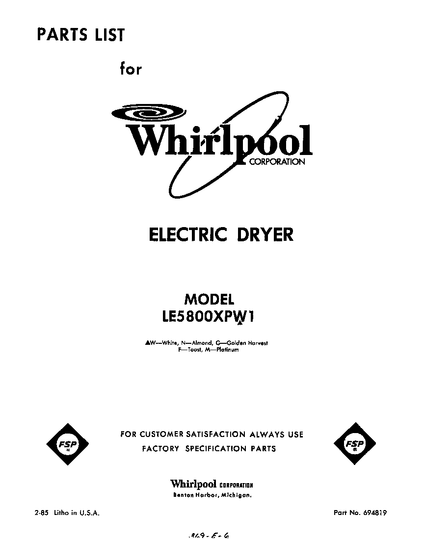 Whirlpool LE5800XPW1 null diagram