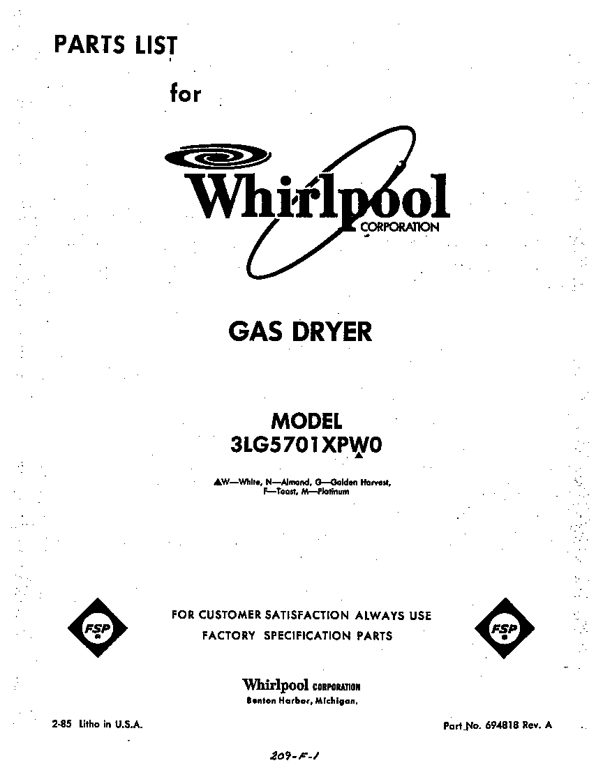 Whirlpool 3LG5701XPW0 front cover diagram