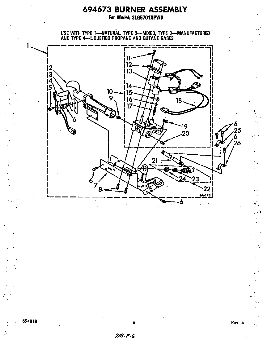 Whirlpool 3LG5701XPW0 694673 burner diagram