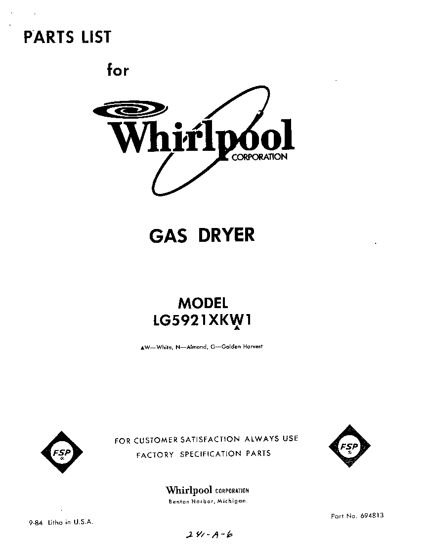 Whirlpool LG5921XKW1 front cover diagram