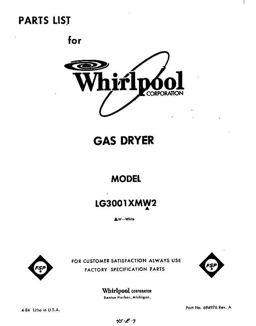 Whirlpool LG3001XMW2 front cover diagram