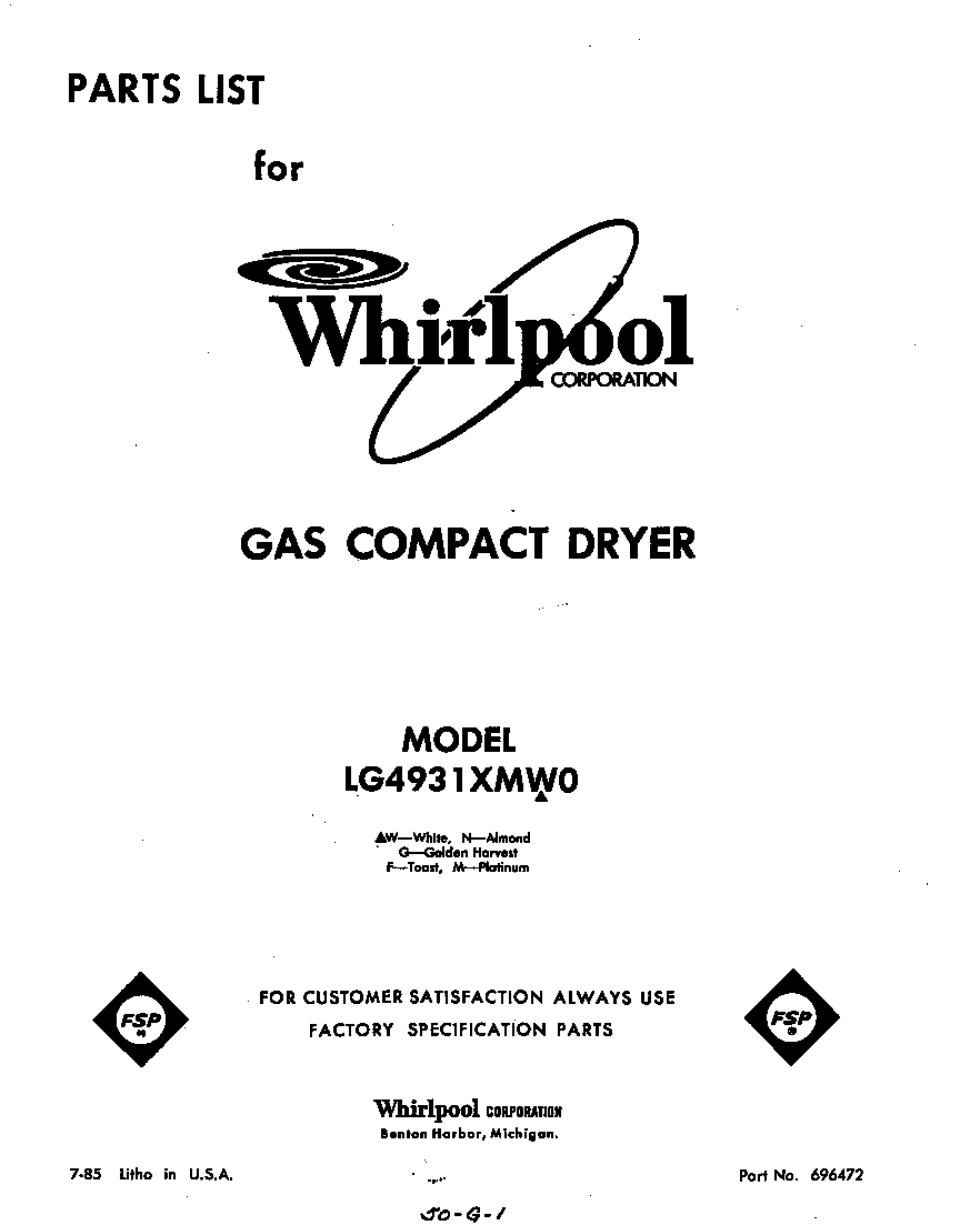 Whirlpool LG4931XMW0 front cover diagram