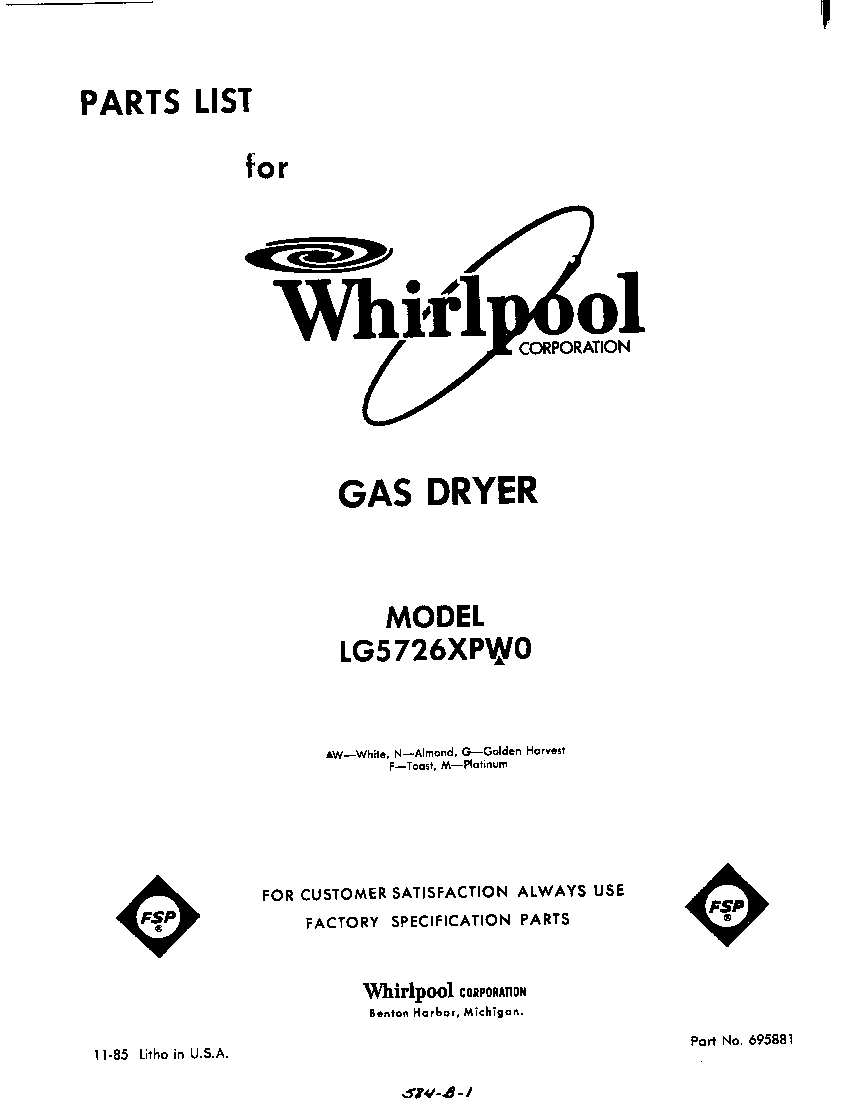 Whirlpool LG5726XPW0 front cover diagram