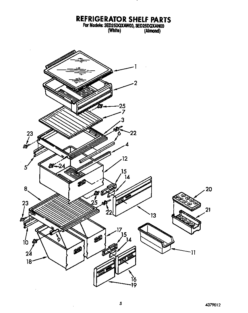 Whirlpool 3ED25DQXAW00 refrigerator shelf diagram