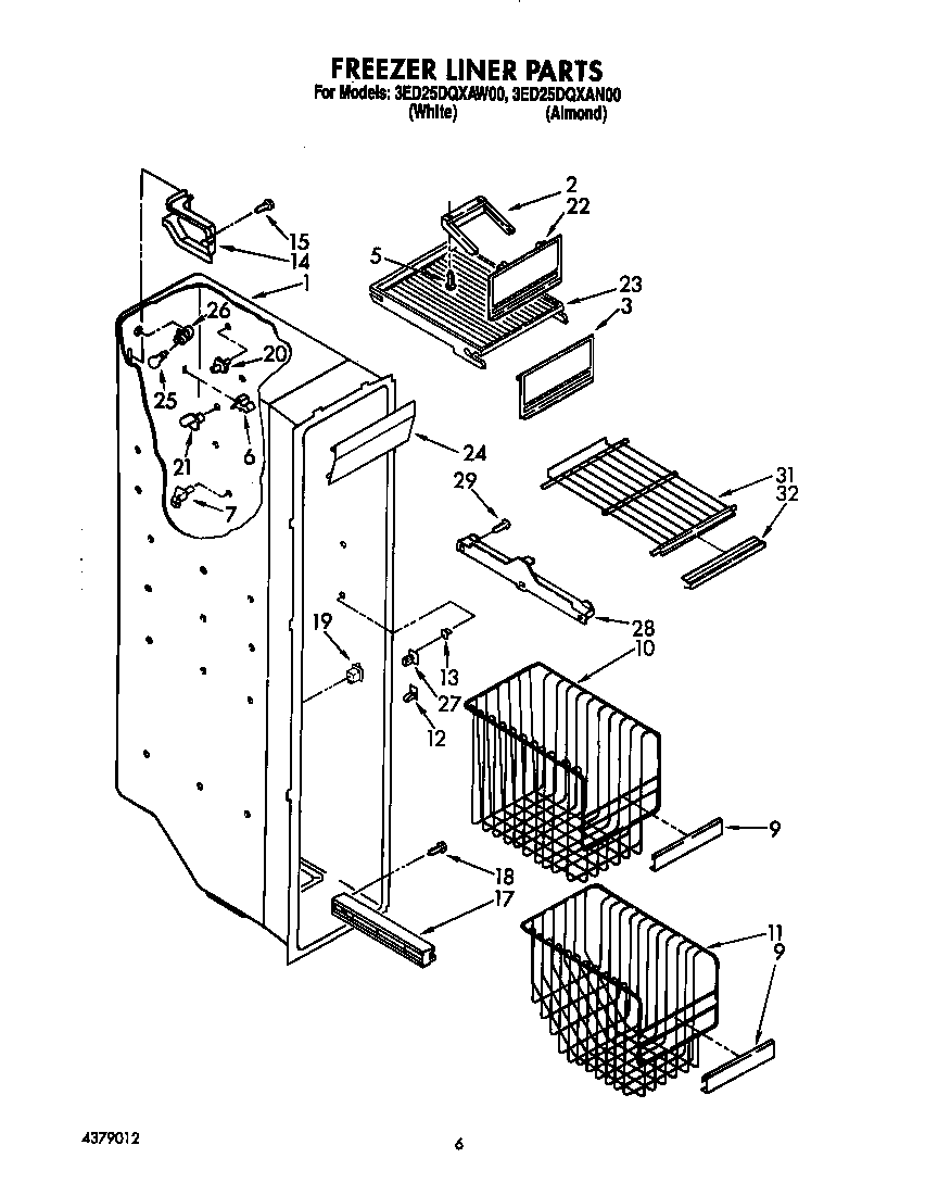 Whirlpool 3ED25DQXAW00 freezer liner diagram