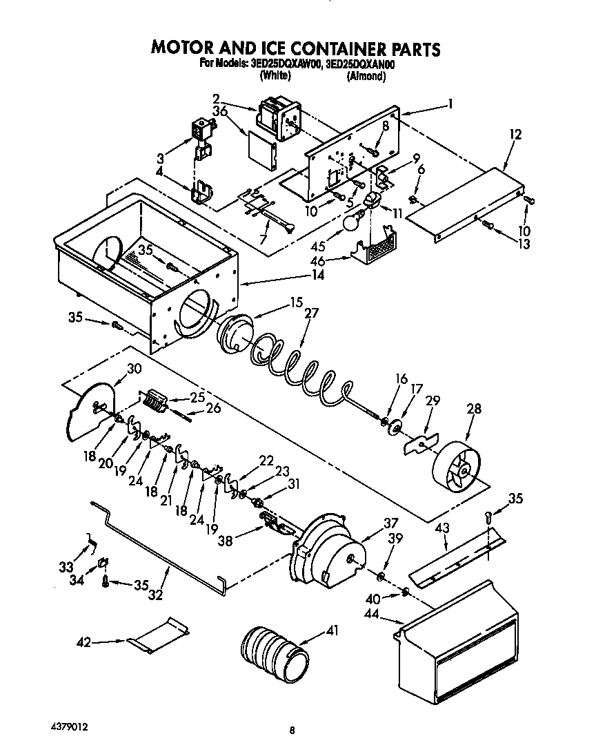 Whirlpool 3ED25DQXAW00 motor and ice container diagram