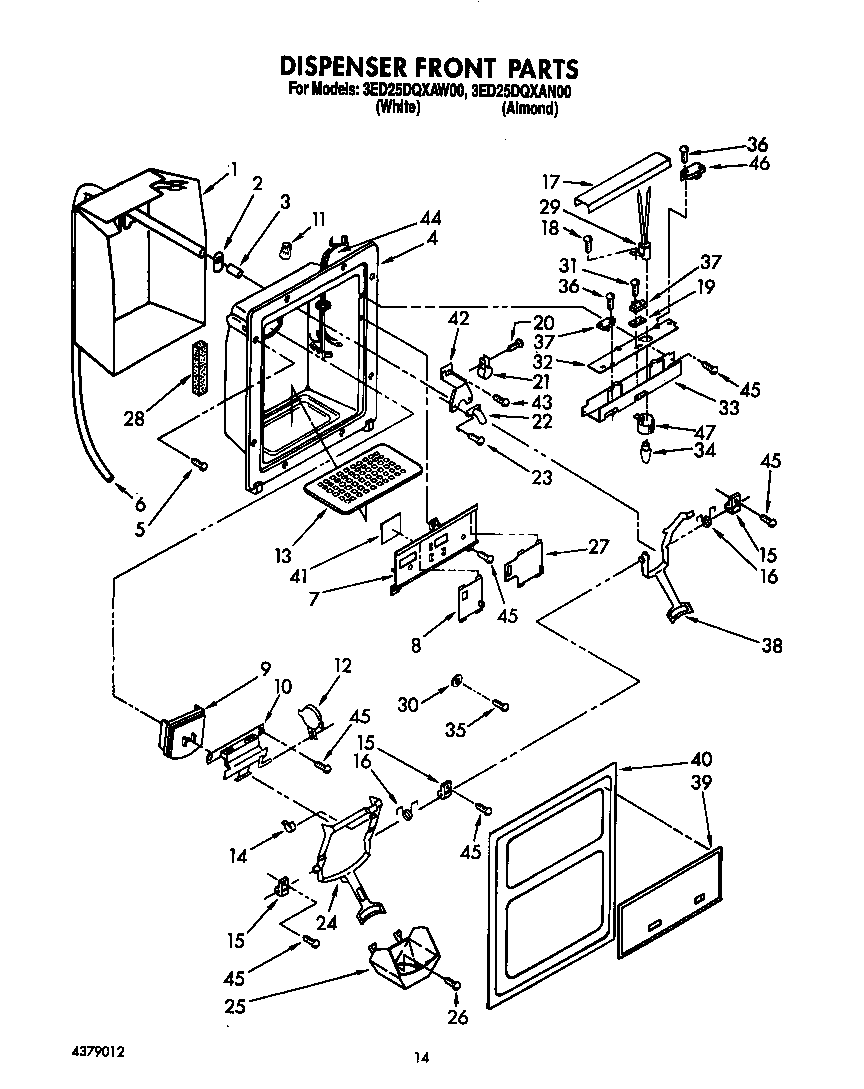 Whirlpool 3ED25DQXAW00 dispenser front diagram
