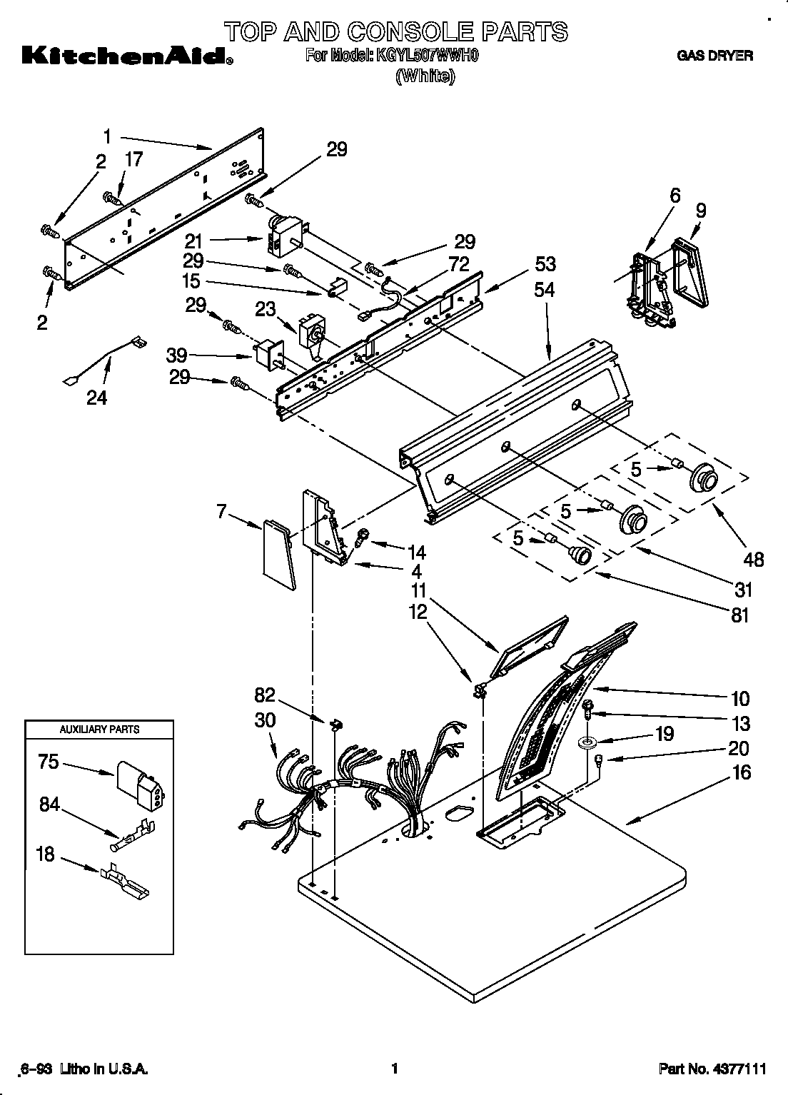 KitchenAid KGYL507WWH0 top and console diagram