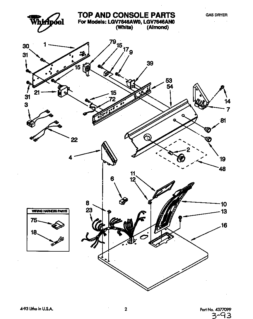 Whirlpool LGV7646AW0 top and console diagram