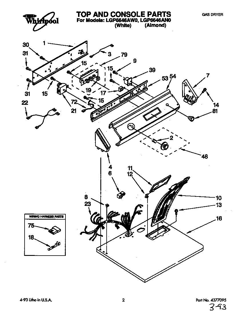 Whirlpool LGP6646AW0 top and console diagram