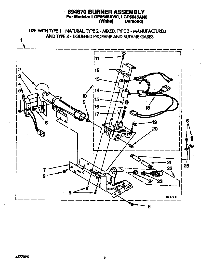 Whirlpool LGP6646AW0 694670 burner diagram