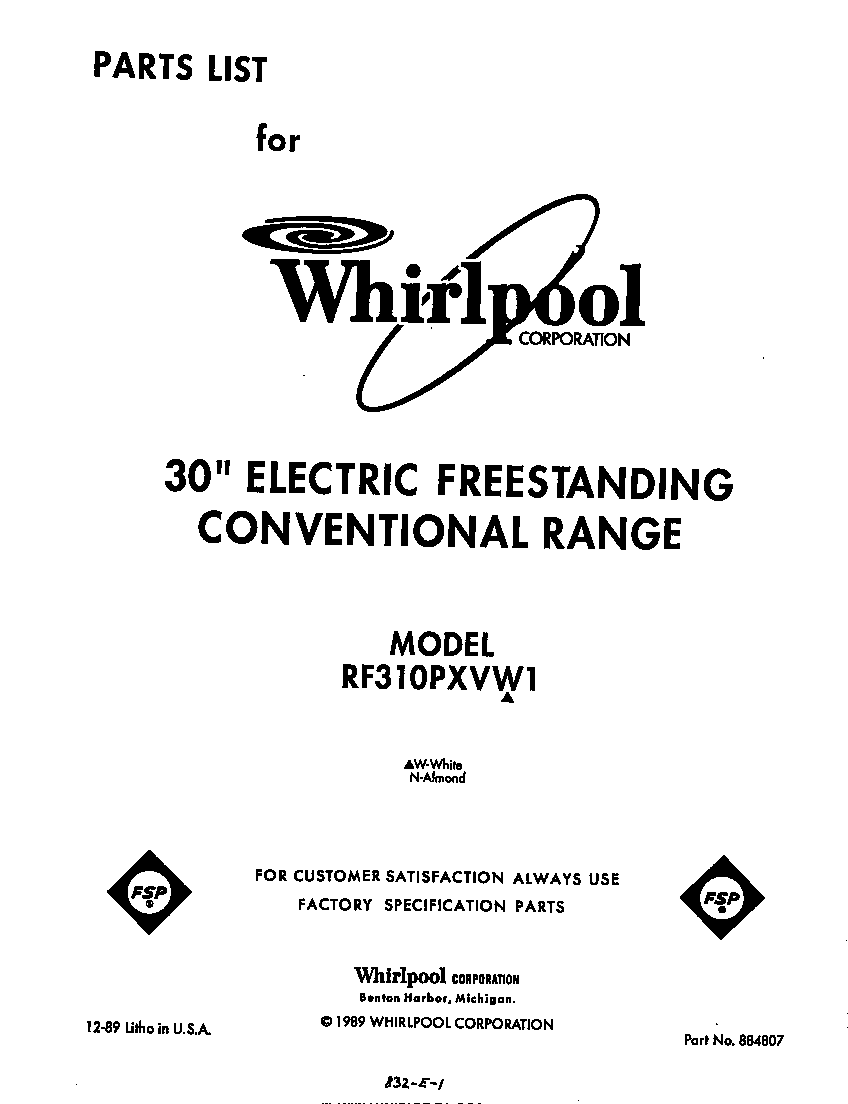 Whirlpool RF310PXVW1 front cover diagram