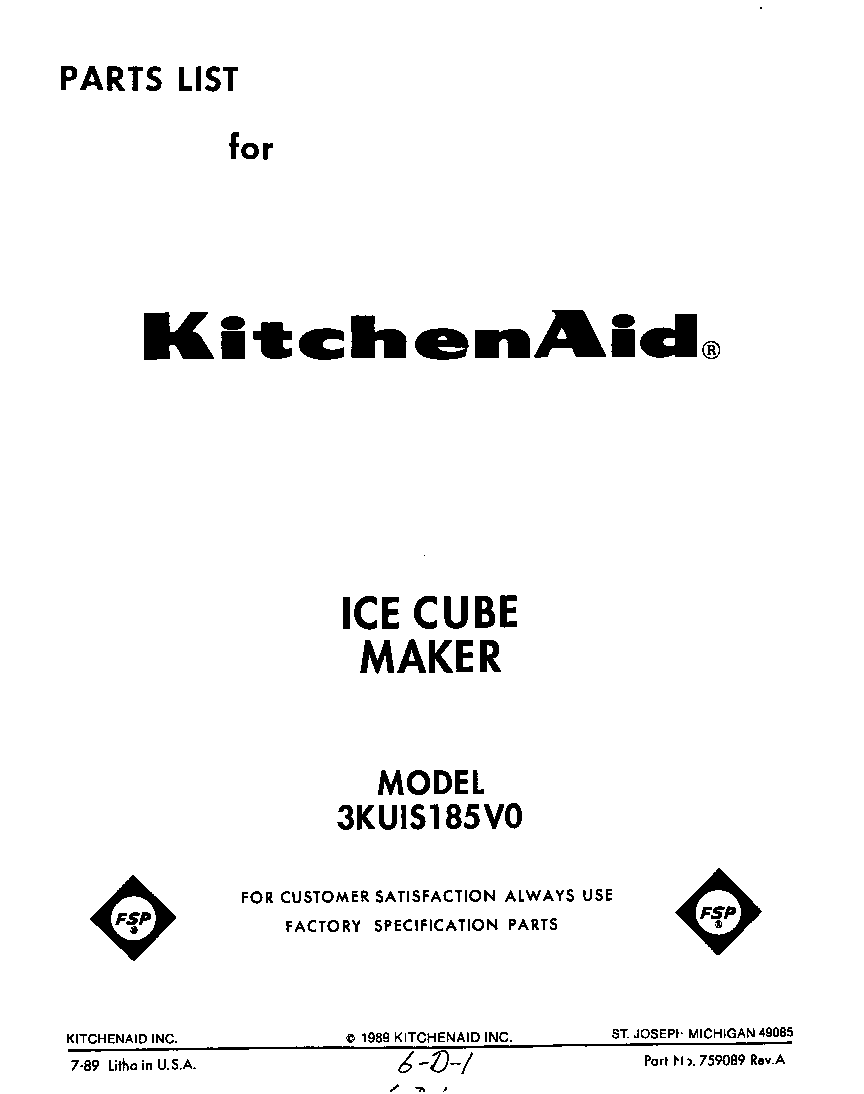KitchenAid 3KUIS185V0 front cover diagram