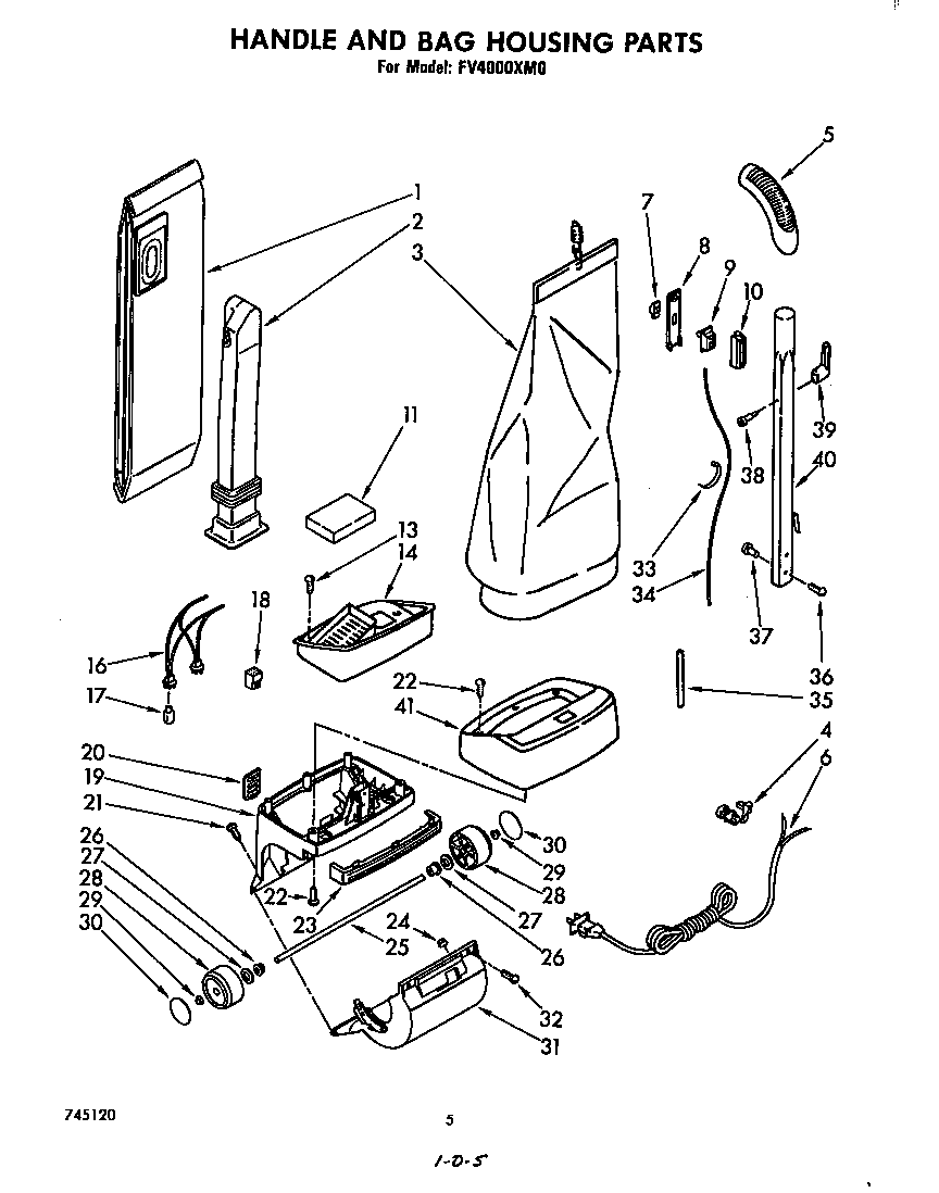 Whirlpool FV4000XM0 handle and bag housing diagram