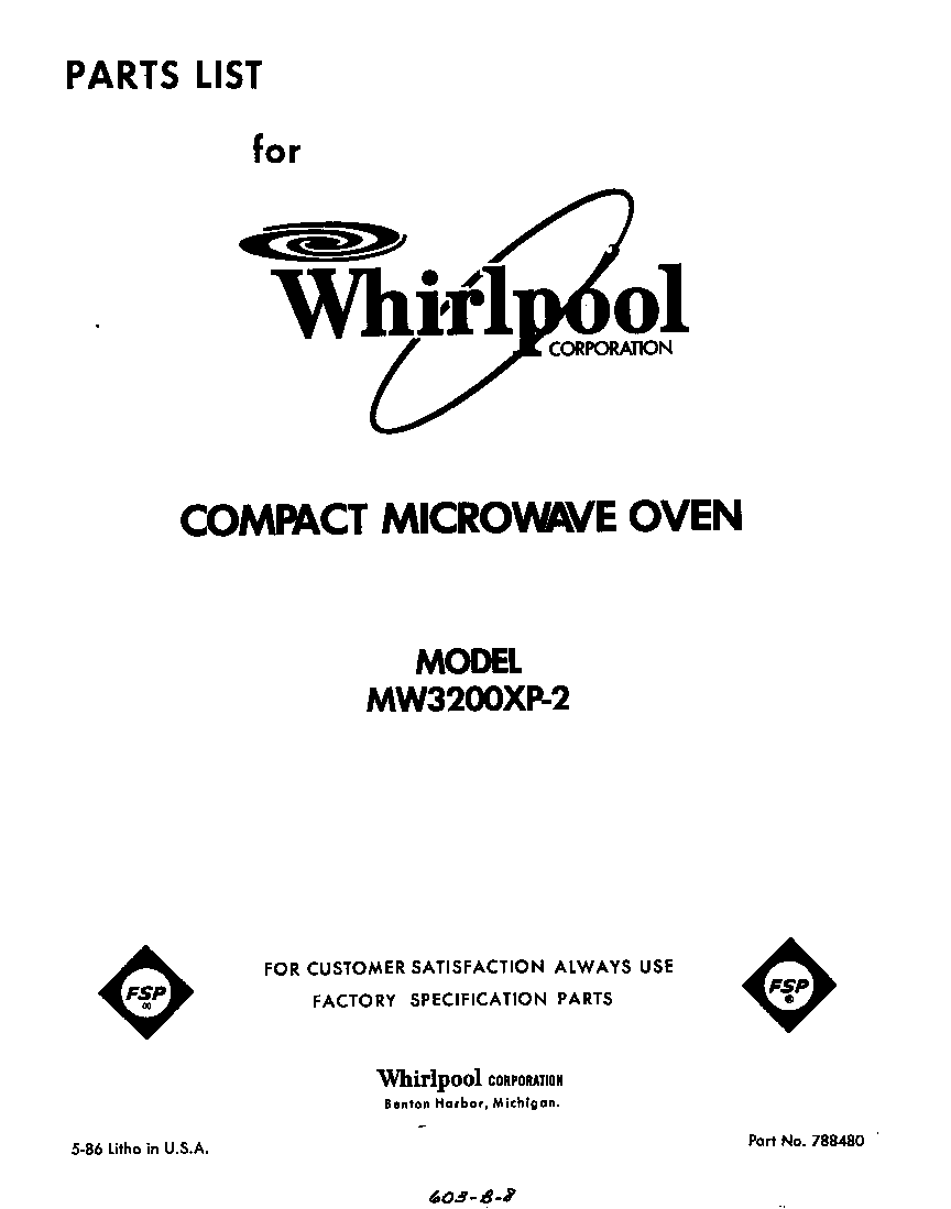 Whirlpool MW3200XP2 front cover diagram