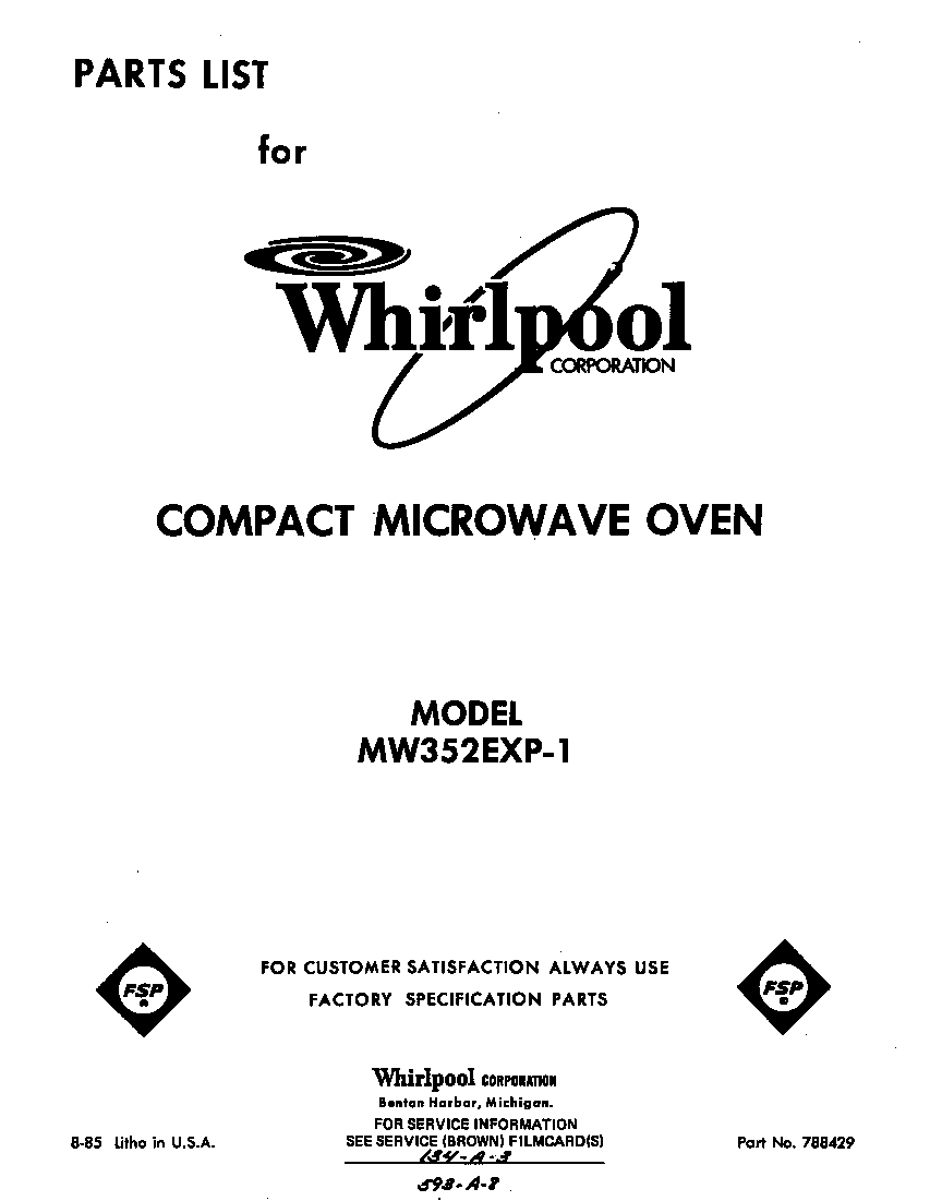 Whirlpool MW352EXP1 front cover diagram