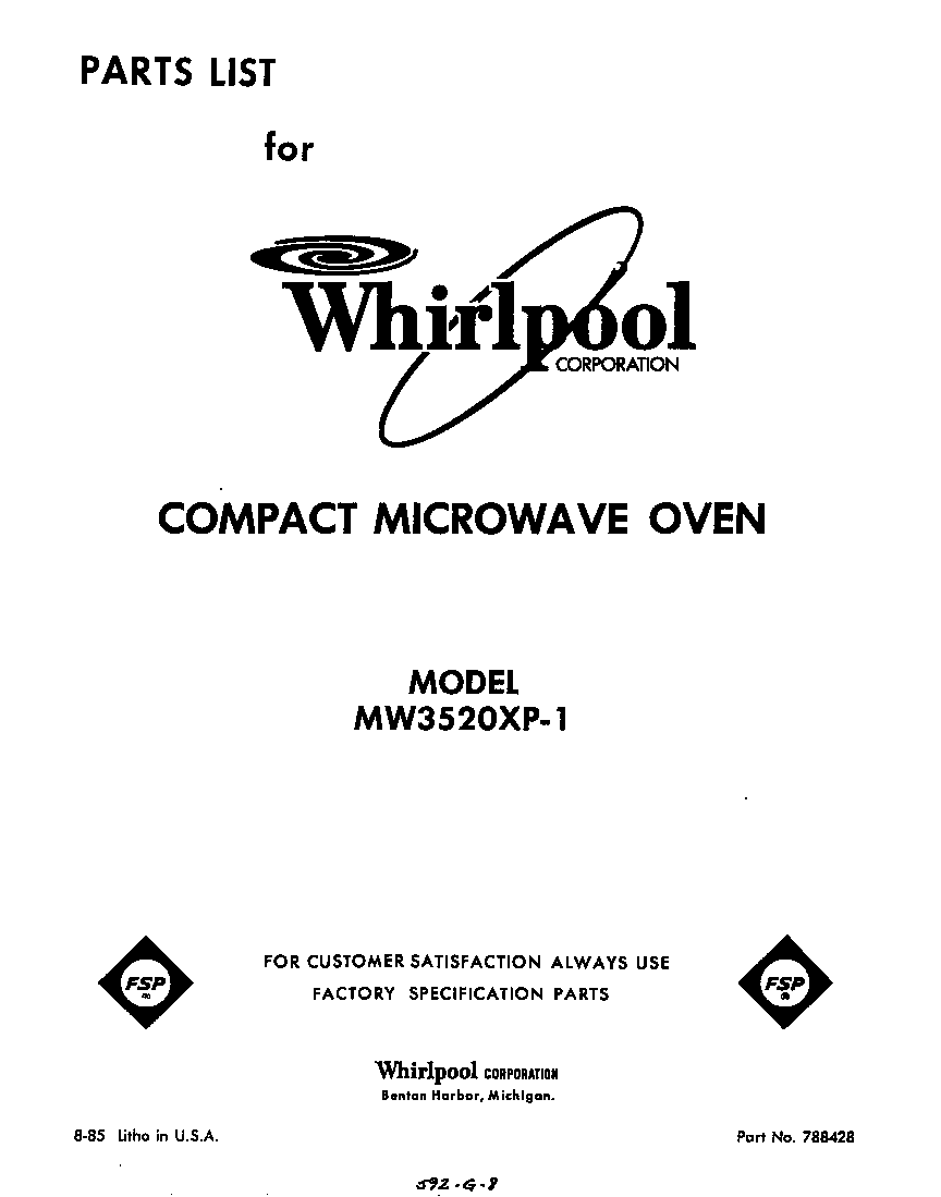 Whirlpool MW3520XP1 front cover diagram
