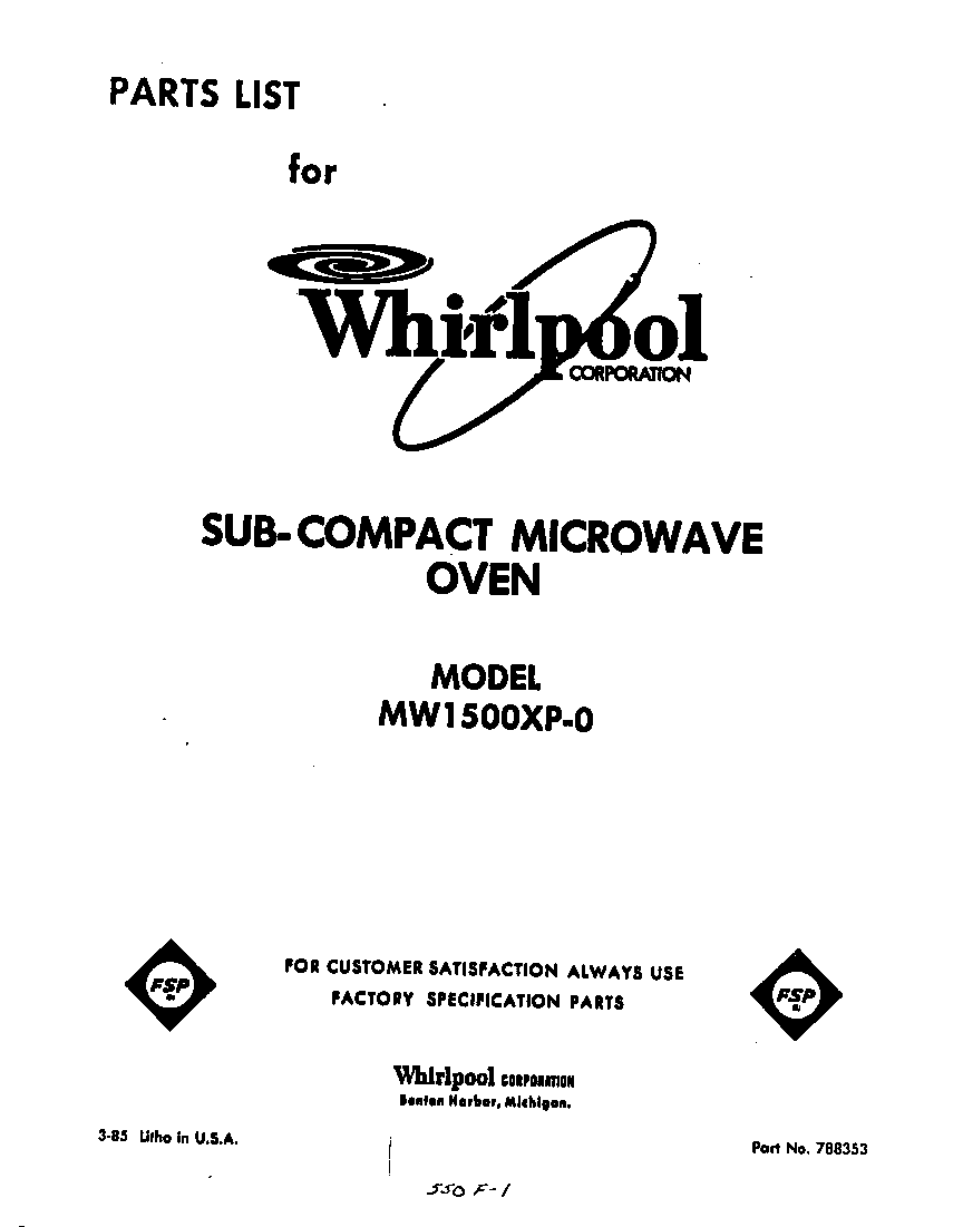 Whirlpool MW1500XP0 front cover diagram