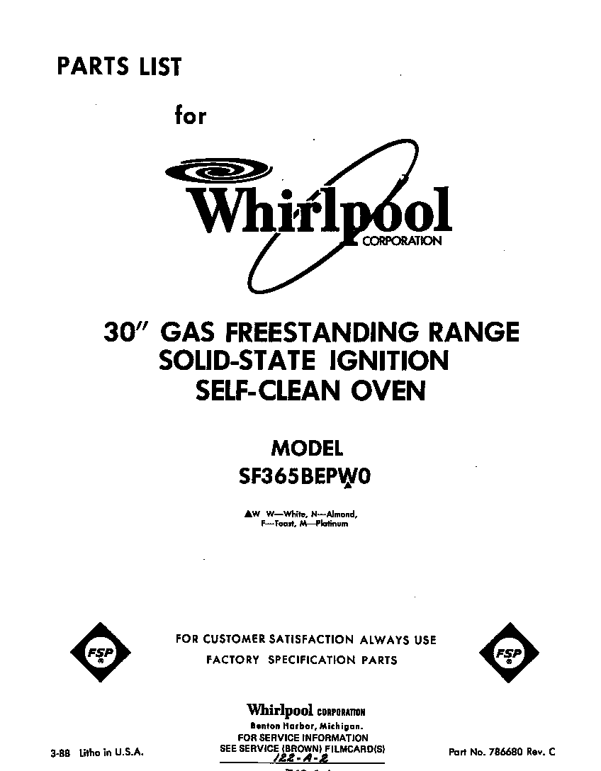 Whirlpool SF365BEPW0 front cover diagram