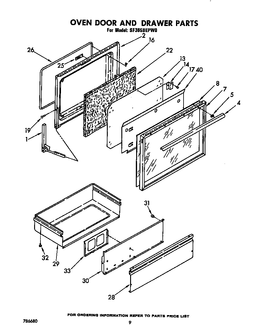 Whirlpool SF365BEPW0 oven door and drawer diagram
