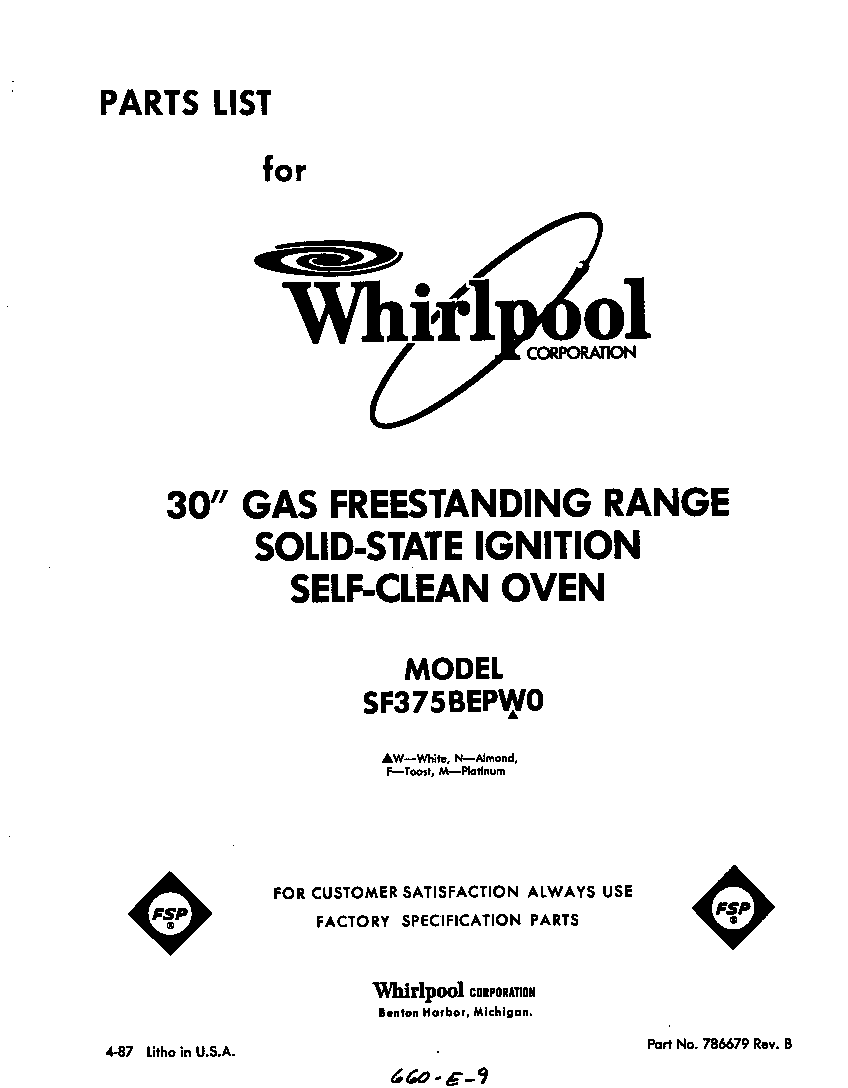 Whirlpool SF375BEPW0 front cover diagram