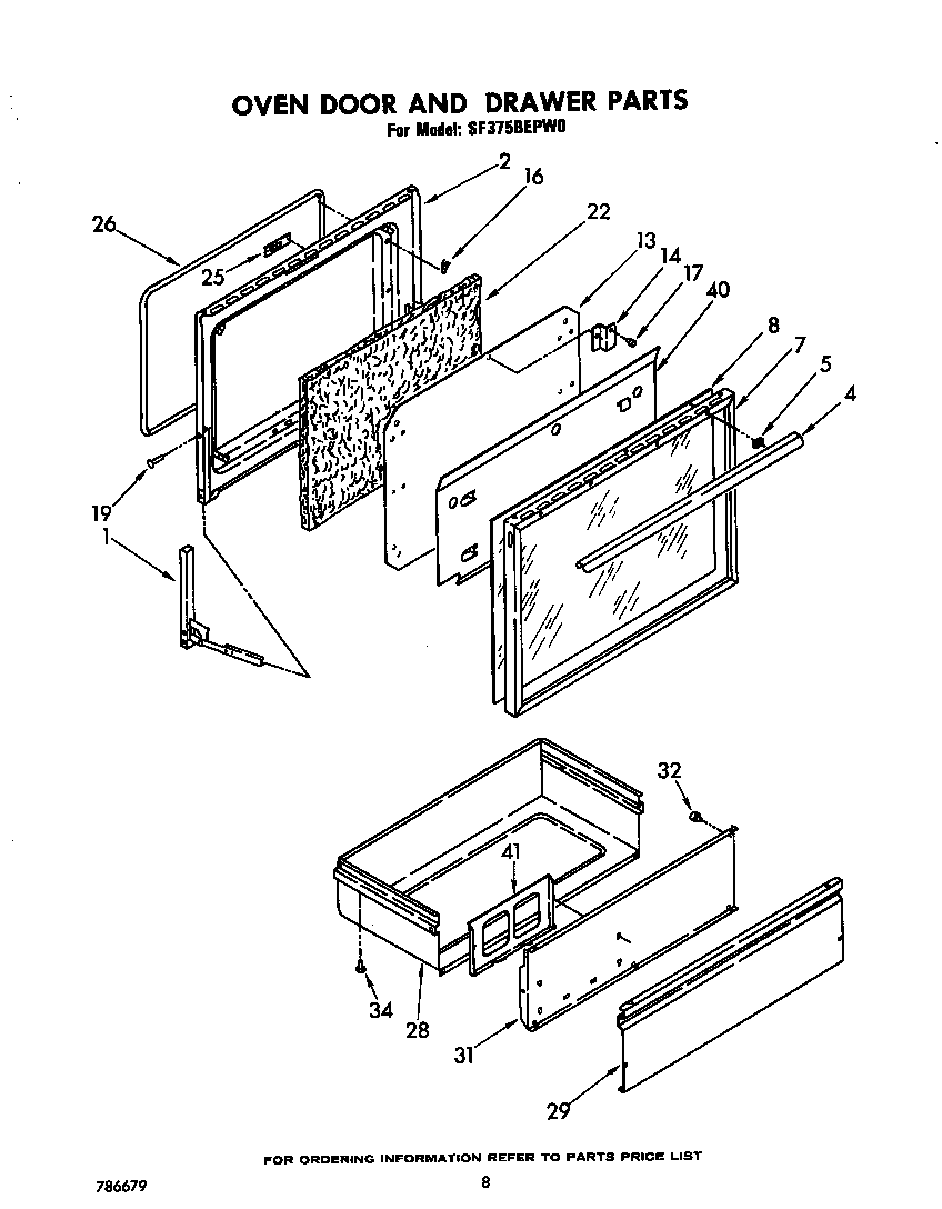 Whirlpool SF375BEPW0 oven door and drawer diagram