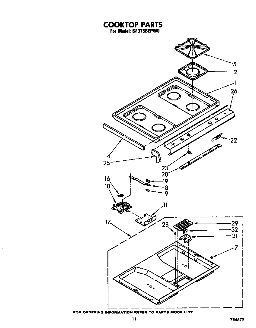 Whirlpool SF375BEPW0 cooktop diagram