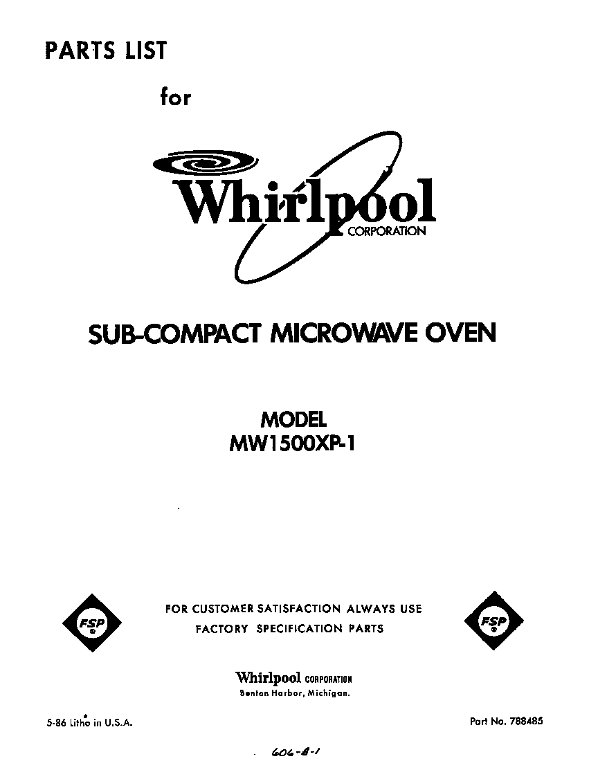 Whirlpool MW1500XP1 front cover diagram