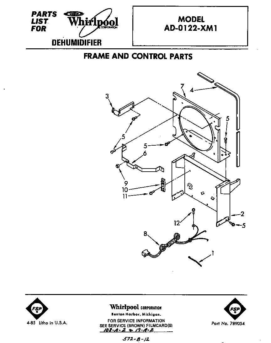 Whirlpool AD0122XM1 frame and control parts diagram