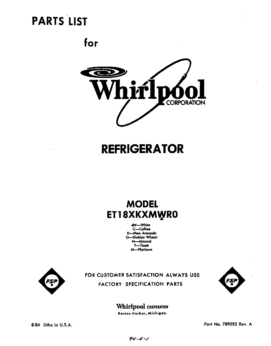 Whirlpool ET18XKXMWR0 front cover diagram