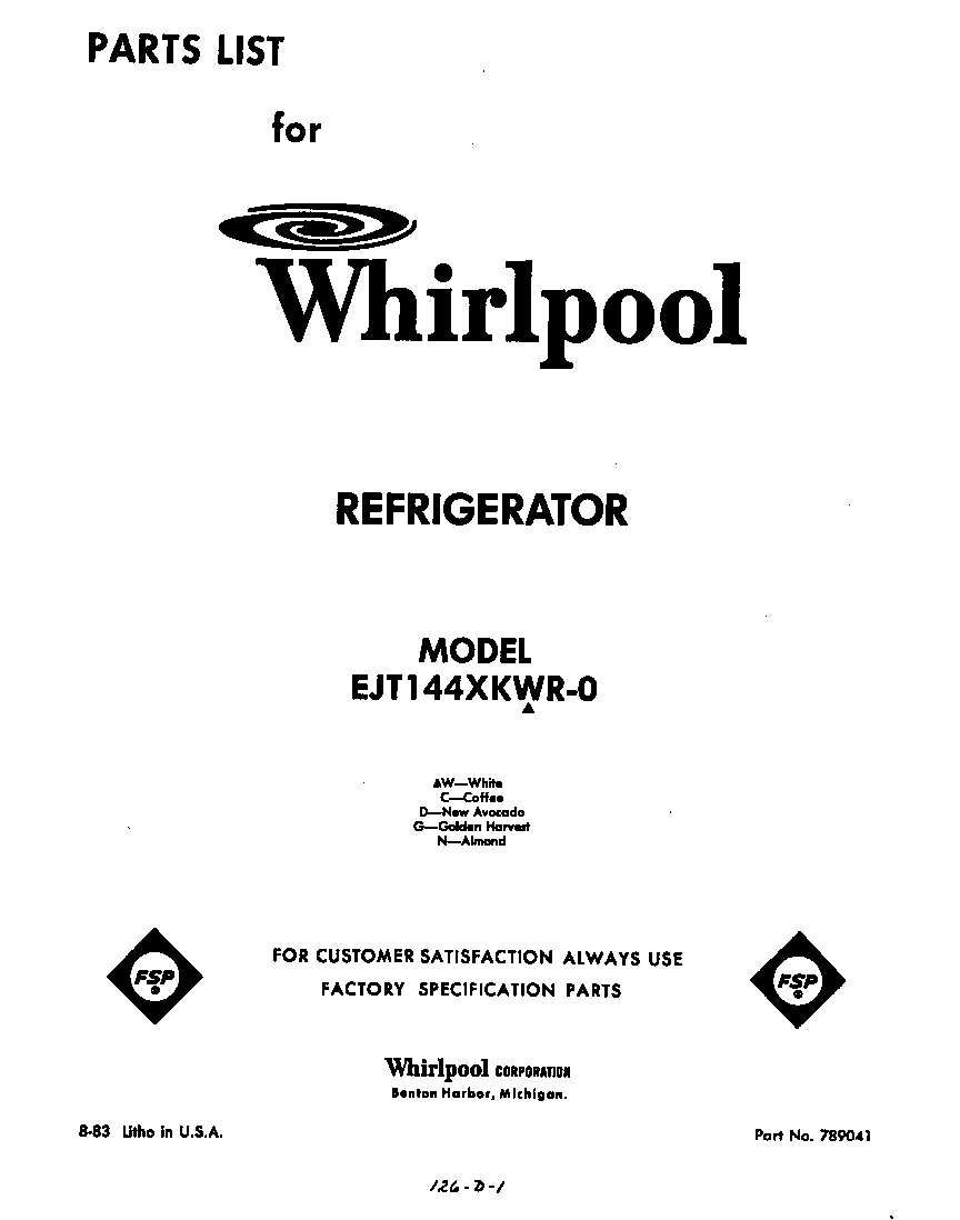 Whirlpool EJT144XKWR0 front cover diagram