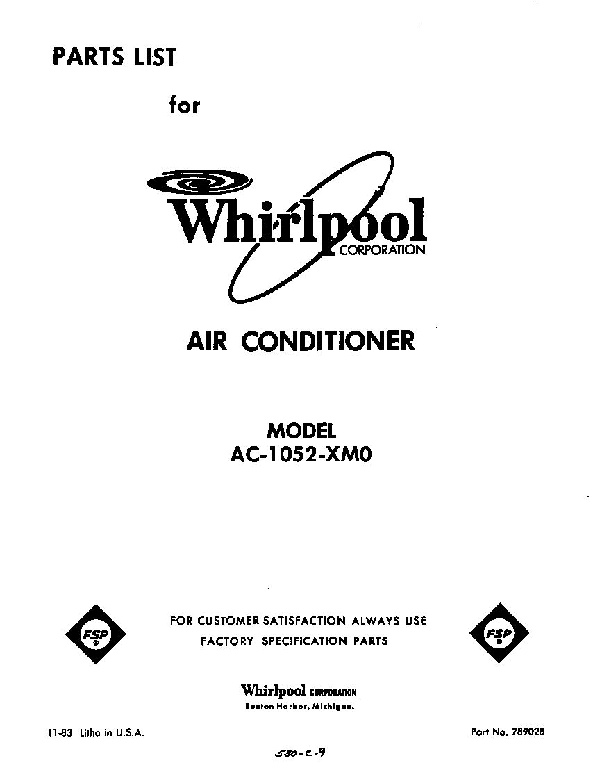 Whirlpool AC1052XM0 front cover diagram