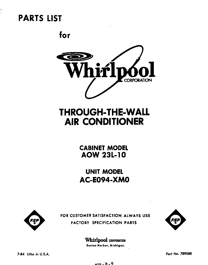 Whirlpool ACE094XM0 front cover diagram