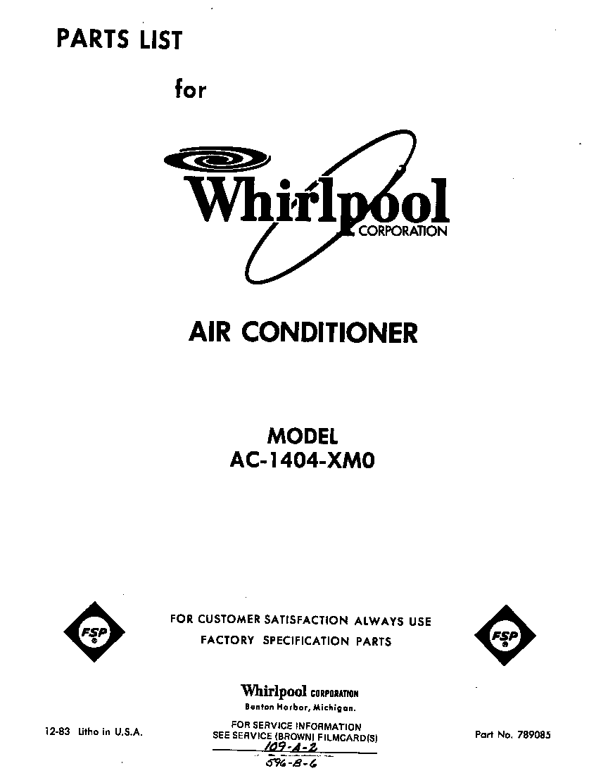 Whirlpool AC1404XM0 front cover diagram